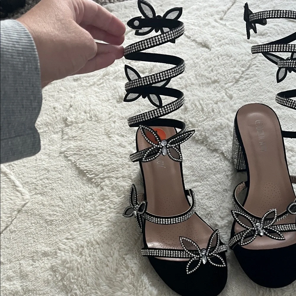 Black Rhinestone Wrap Heels - Picture 2 of 6